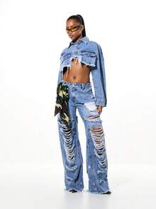 SUMWON WOMEN Chaqueta vaquera oversize desgastada con diseño recortado y extremadamente rasgado para el estilo callejero de las mujeres en otoño e invierno - Azul - Ver 3