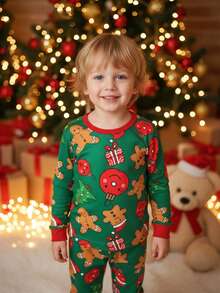 1 Set Young Boys' Christmas Gingerbread Print Snug Fit Long Sleeve Top And Pants Pajama Set, Suitable For Daily Wear Gingerbread Pajamas Christmas Pajamas Kids Christmas Pajamas Christmas Pj Snug Fit Tight Fit Pajamas