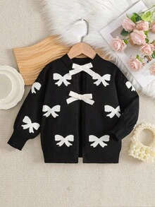 Elladie kids Chaquetas de niña Versátiles Nuevas chaquetas de punto de manga larga con patrón de lazo jacquard para niñas en otoño/invierno, decoración de lazo 3D, suéter de punto suelto y suave, adecuado para uso diario y ocasiones festivas - Negro - Ver 3