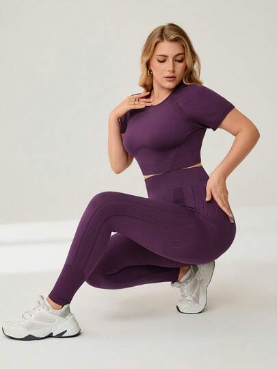 Auralis Athleisure Women Plus Size Round Neck Short Sleeve Top And Pants Sportswear Set Workout Women Sets, Purple Jogging Set, Women's Sport Set, Sports Set For Women, For All Seasons