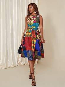 Eryvara Váy không tay cổ tròn họa tiết hỗn hợp Châu Phi dành cho nữ, họa tiết ngẫu nhiên - Nhiều màu - Xem 3