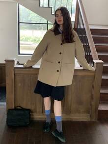 Dazy Kids 少女纯色长袖单排扣休闲口袋风衣，秋季 - 卡其色 - 查看 6