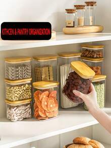 Premium Wooden Lid Square Grain Canister | Airtight Food Storage Container For Cereal, Nuts, Coffee & Candy - transparente - Ver 3