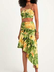 CAJUNI Women's Tropical Print Cropped Camisole And Ruched Waist Asymmetric Hem Skirt Set, Beach Skirt Set, Vacation Outfits Woman Skirt Set, Tropical Two Piece Set, Summer Skirt And Top Set, Beach Two Piece Set, Vacation Outfits Woman 2 Piece, Summer Two Piece Set Vacation - Yellow - View 4