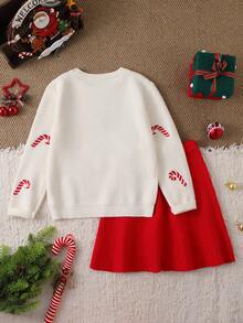 SHEIN Girls Christmas Themed Long Sleeve Top And Red Skirt Sweater Set - Beige - View 2