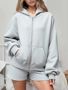 SHEIN Teen Girls' Light Gray Casual Loose Fit Hoodie Sweatshirt, Minimalist Style For Leisure And Workout