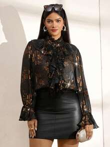 Zelara Bluzka damska w dużym rozmiarze w stylu vintage, elegancka, złota folia, kołnierzyk typu żabot, bufiaste rękawy, wiosenno-jesienna, czarno-złota góra, czarna koronkowa koszula, eleganckie bluzki, przezroczysta bluzka, czarny top, czarny top z gorsetem, zimowy Nowy Rok, Święto Dziękczynienia, eleganckie bluzki damskie na imprezę w dużym rozmiarze, lśniąca góra, zimowa, przytulna, jesienno-zimowa, świąteczna impreza - Czarne - Zobacz 6