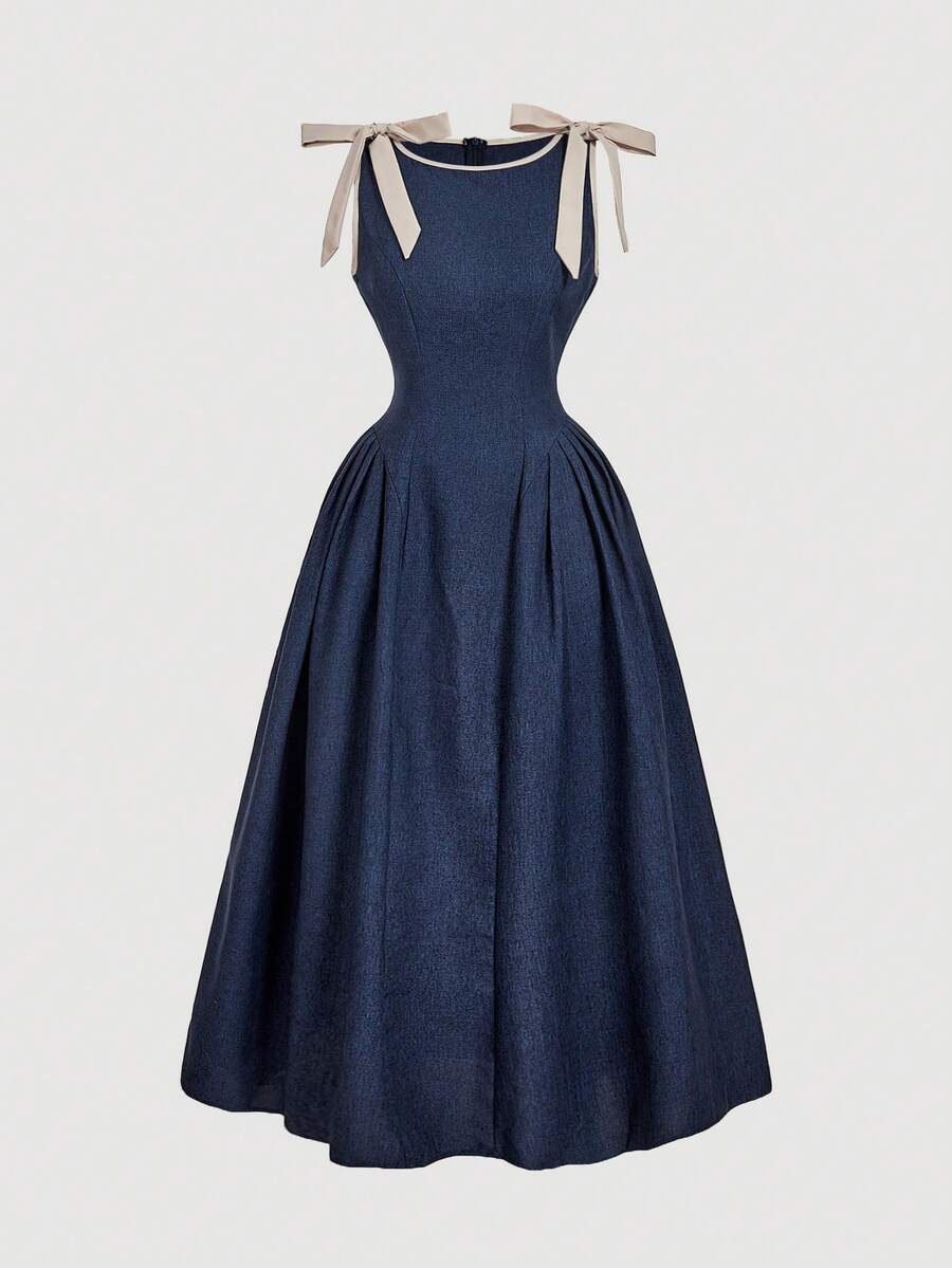 SHEIN MOD 圆领无袖撞色滚边蝴蝶结装饰腰部喇叭下摆藏蓝色连衣裙 - 藏蓝色 - 查看 1