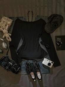 SHEIN EZwear Cross Print Pattern Autumn New Loose Batwing Sleeve Asymmetrical Shoulder Rolled Hem Sexy Women Pullover T-Shirt Graphic - Black - View 2