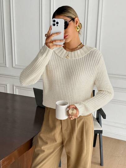 SHEIN Frenchy Women's Fashionable Elegant Pullover Long Sleeve Sweater, Autumn/Winter,Coarse-Knit Warm Long Sleeves Sweaters,Round Neck Backless Tie Sweater,Elegant Sweater,Winter Sweaters For Women,Apricot Sweater, Winter For Women,Autumn For Women,Women's Winter Sweater,Warm Sweater,French Style , Christmas Sweater ,New Year,Thanksgiving For Women,Casual For Women,Vintage, Minimalist, Commuter, Office, Perfect For Everyday Wear