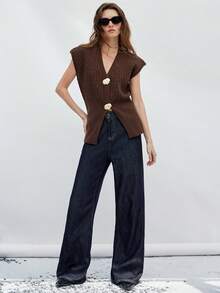 Aveloria Modichic Áo len cardigan dệt kim cổ chữ V phía trước và viền xẻ tà phong cách Châu Âu & Mỹ thanh lịch cho quý cô thoải mái thanh lịch không đối xứng - Cà phê nâu - Xem 6