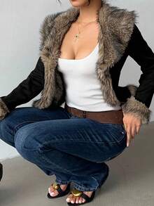 Aloruh 女士秋冬绒面抓绒外套，黑色波西米亚性感外衣，拼接人造毛皮大衣 - 黑色 - 查看 9