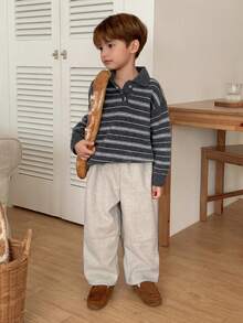 DAZY Young Boy Solid Color Elastic Waist Loose Wide Leg Casual Pants - Apricot - View 4