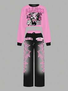 Slaydiva Women's Two Pieces Set,Black And Pink Cartoon Character Graphic Loose Sports Streetwear,Winter Everyday Street Wear Y2k Fall Clothes For Hip Hop - Multicolor - View 4