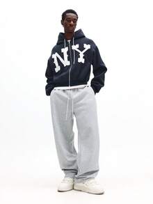 SUMWON 拉链连帽衫，纽约贴花细节，适合冬季休闲街头服饰 - 藏蓝色 - 查看 4