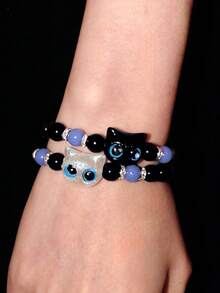 Y2Kool 2pcs Cute Big Eyes Cat Luminous Bracelet, Suitable Gift For Couples, Friends - Black and White - View 3