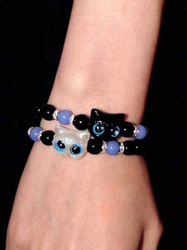 Y2Kool 2pcs Cute Big Eyes Cat Luminous Bracelet, Suitable Gift For Couples, Friends