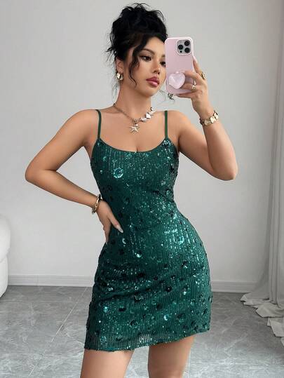 Rafferiza 女式优雅性感亮片花卉 V 领细肩带短款紧身派对连衣裙，秋季