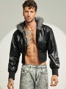 FeverCity 男式纯色长袖拉链连帽仿皮夹克，带毛领，适合秋冬 - 黑色 - 查看 1