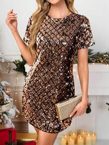 SHEIN Clasi Women's Elegant Sequin Mini Dress, Shiny Suitable For Party, Christmas, New Year Occasions Elegant Dresses For Party New Year Wear Gold Dress Sparkly Dress Gold Sequin Dress Christmas Dress New Year Clothes Elegant Party Dresses For Women,Dresses For Women Elegant