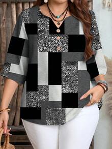 EMERY ROSE Plus Size Casual Colorblock Geometric Pattern Round Neck Shirt, Suitable For Spring And Autumn - Grey - View 1