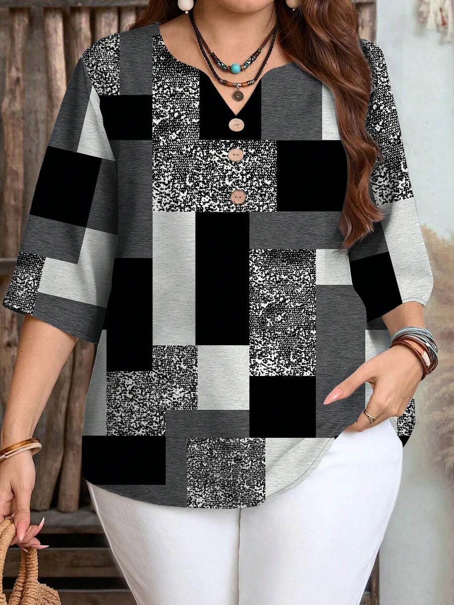 EMERY ROSE Plus Size Casual Colorblock Geometric Pattern Round Neck Shirt, Suitable For Spring And Autumn - Grey - View 1