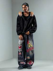 ROMWE MEN Grunge Punk Jeans rectos y sueltos con bordados y bolsillos para hombre, moda urbana - Azul - Ver 3