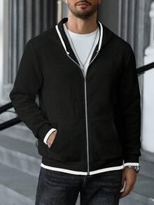 Manfinity CasualCool 男士纯色简约日常长袖纹理面料卫衣黑色外套男士黑色拉链连帽衫男士拉链夹克男士外套男士连帽衫男士休闲连帽衫