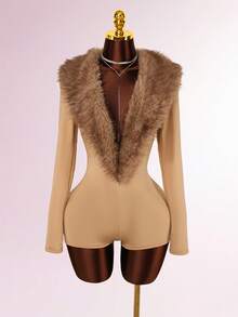 Amplova Jumpsuit Bodycon Lengan Panjang Leher V Dalam dengan Kerah Bulu dan Sambungan - Khaki - View 3