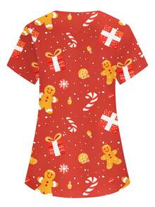 PopScrub 圣诞节 V 领短袖双口袋可爱姜饼人、圣诞装饰元素、雪花、圣诞礼盒、拐杖糖卡通印花设计护士/医生工作制服上衣/检查手术制服/女士纯色宠物美容工作制服上衣/营养师工作制服短袖/多口袋功能实验室工作制服 - 玫紅色 - 查看 2