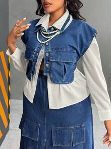 Slaydiva Blusa de manga corta versátil y casual para mujer de talla grande - Azul lavado medio - Ver 3