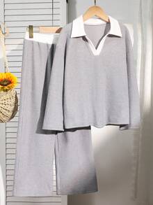 Genkimix Kids 少女休闲舒适外向Polo领撞色罗纹灰白上衣搭配撞色腰带休闲裤T恤套装 - 灰色 - 查看 1