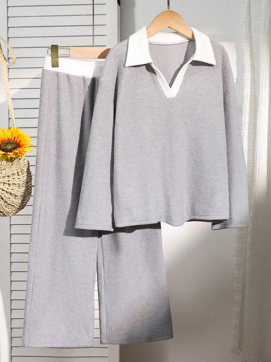 Genkimix Kids 少女休闲舒适外向Polo领撞色罗纹灰白上衣搭配撞色腰带休闲裤T恤套装 - 灰色 - 查看 1