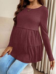 SHEIN 哺乳圆领落肩长袖褶皱休闲舒适荷叶边下摆上衣