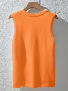 INAWLY Women Plus Size Solid Color Faux Pearl Decor Round Neck Orange Sweater Vest, Orange Top, Daily Wear Winter Fall Autumn - Orange - View 2