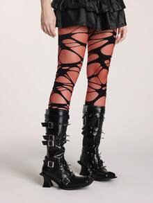 ROMWE Grunge Punk 套装包含：1 双极简主义红色钻石网眼袜 + 1 双破洞黑色连裤袜，Y2K 风格连裤袜叠穿组合套装，日常百搭半透明性感弹力连裤袜 - 彩色 - 查看 5