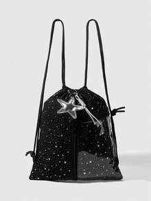 ROMWE Anime 星空印花图案，配五角星吊坠，大容量多口袋拉链透明口袋抽绳背包，时尚百搭，适合上学、度假、聚会、购物等场合。 - 黑色 - 查看 1
