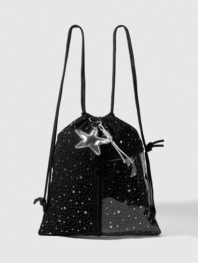 Anime Starry Sky Print Pattern With Pentagram Pendant Large Capacity Multi-Pocket Zipper Transparent Pocket Drawstring Closure Backpack, Fashionable And Versatile For School, Vacation, Party, Shopping