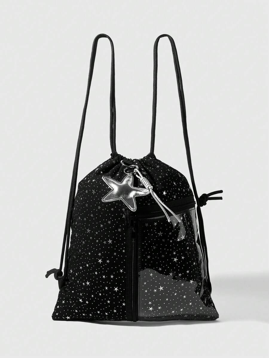 ROMWE Anime 星空印花图案，配五角星吊坠，大容量多口袋拉链透明口袋抽绳背包，时尚百搭，适合上学、度假、聚会、购物等场合。 - 黑色 - 查看 1