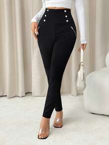 SHEIN PETITE High Waist Button Detail Black Skinny Pants - Black - View 5