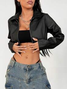 SHEIN PETITE Jaqueta Curta Preto Com Zíper, Estilo Casual De Rua Para Mulheres, Outono/Inverno, 1 Peça