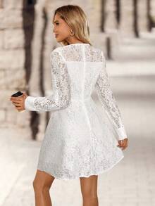 EMERY ROSE Women's Solid Color Round Neck Raglan Sleeve Ruffle Lace Elegant Short Dress,White Dresses For Women Spring Outfit Women,Valentine Outfits For Women - White - View 2