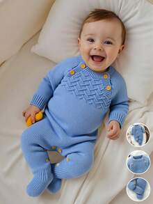 SHEIN Pelele azul de punto recién nacido con calcetines, de manga larga, estilo minimalista casual, conjunto diario para bebé