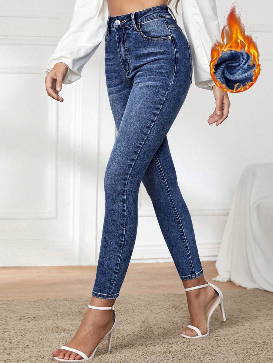 EMERY ROSE Women's High Waist Pocketed Thermal Lined Skinny Casual Versatile Jeans - Dark Wash - View 1