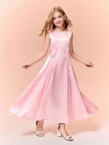 Girls' Elegant Fitted Long Dress With Bow Accent, Suitable For Formal Occasions, Parties, And Galas - Pink - View 5