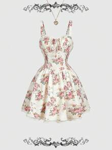 SHEIN MOD 女式交叉后背花卉印花蕾丝花边吊带背心迷你连衣裙 - 彩色 - 查看 2