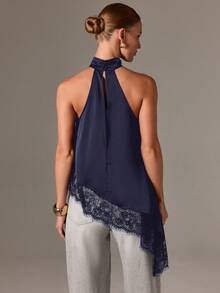 AiiRZ 高领露背上衣，蕾丝下摆，缎面无袖衬衫，适合休闲晚装 - 藏蓝色 - 查看 2