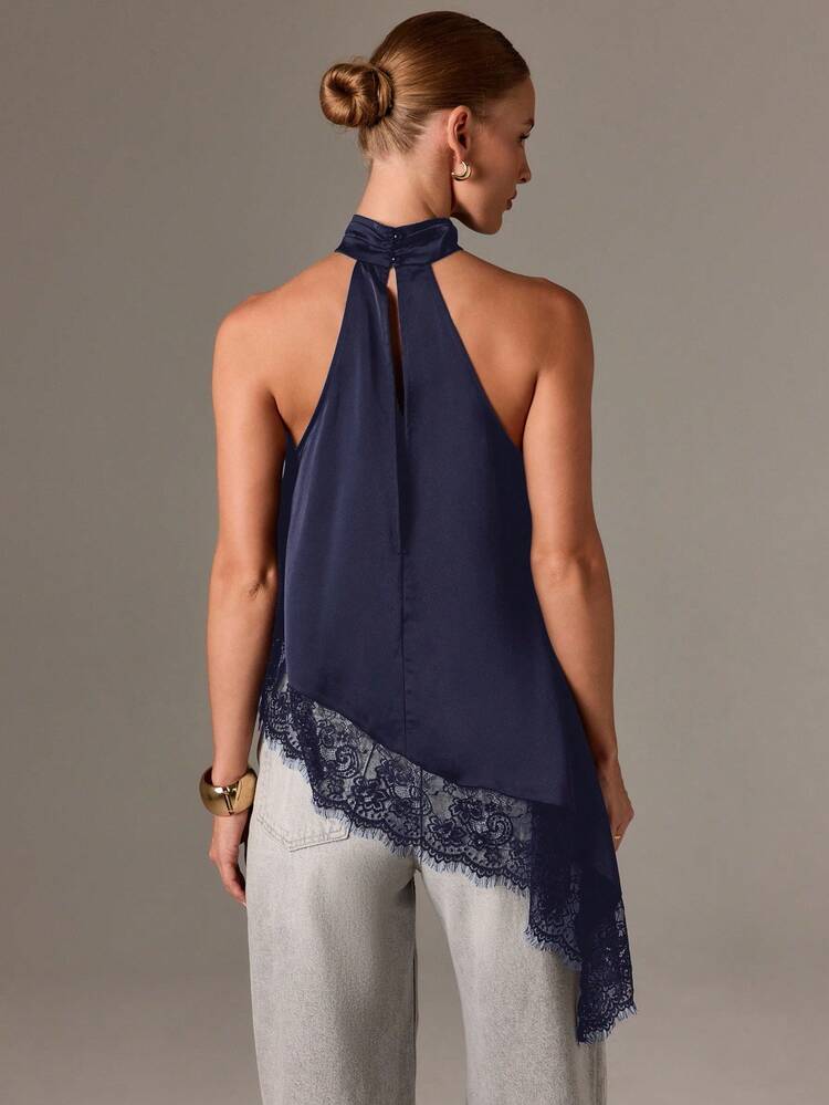 High Neck Halter Top With Lace Hem