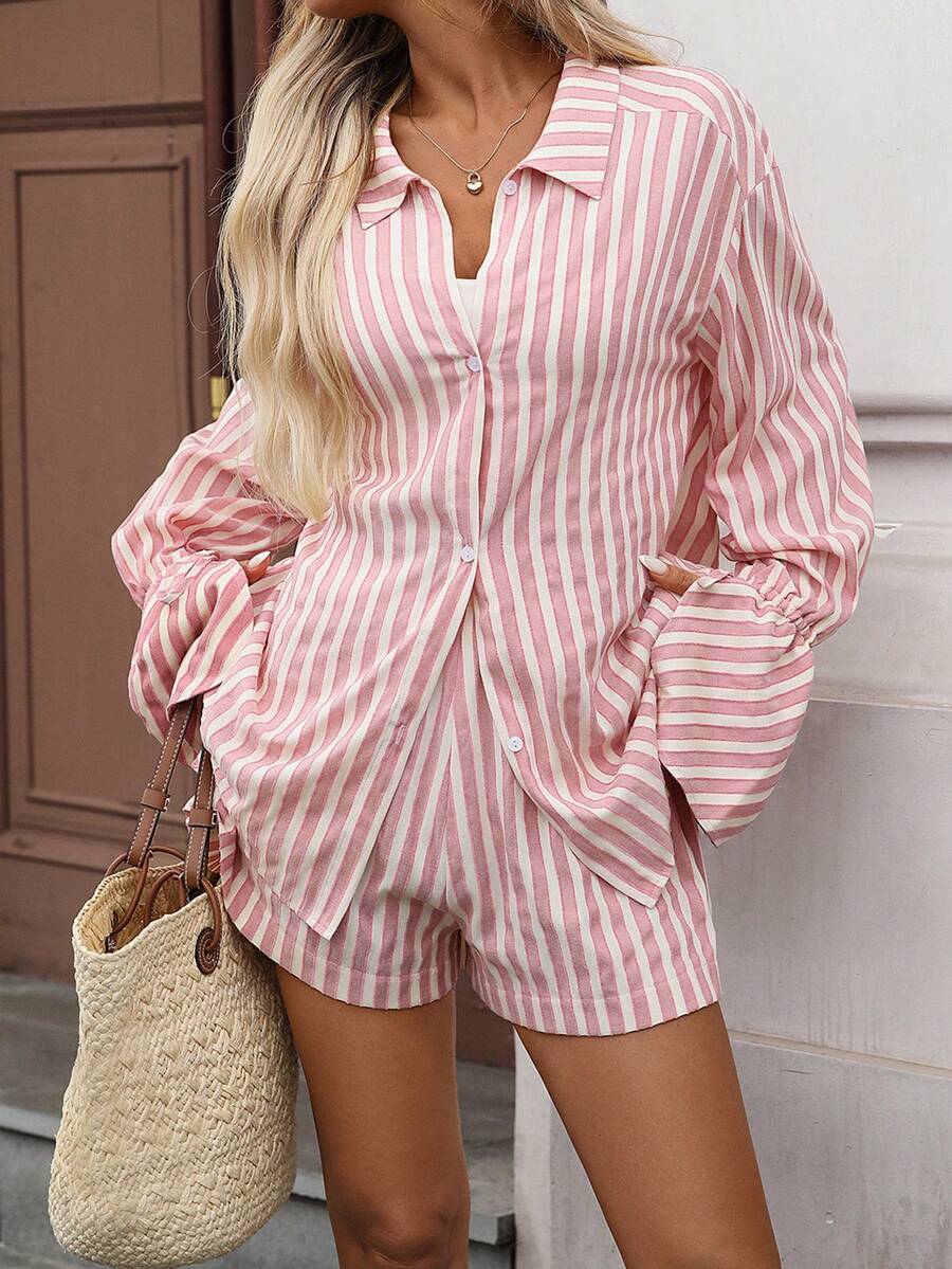INAWLY 2pcs Women Casual Striped Front Button Shirt And Shorts Set Fall Cloth For Women - Pink - View 1
