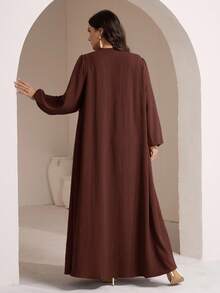 Veilorie Große Größen Damen Einfarbiges Einreihiges Kleid mit Rundhalsausschnitt, Ballonärmeln und weiter arabischer Silhouette